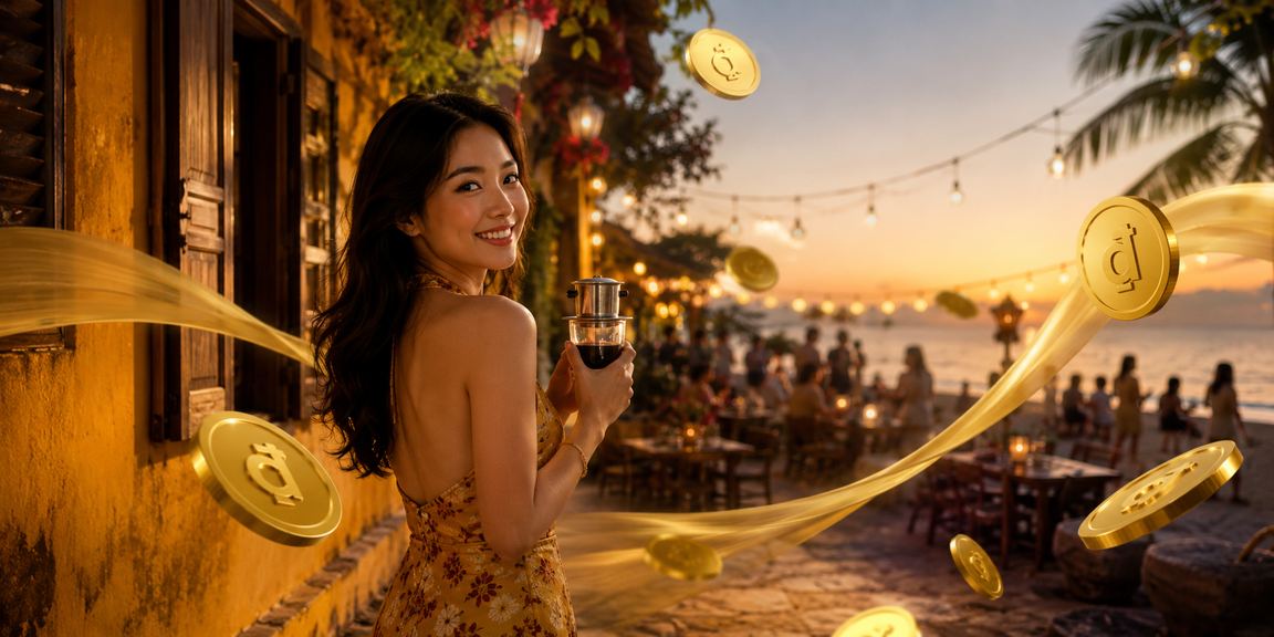 Người dùng thưởng thức cà phê và kiểm tra cashback bonus tại Hội An